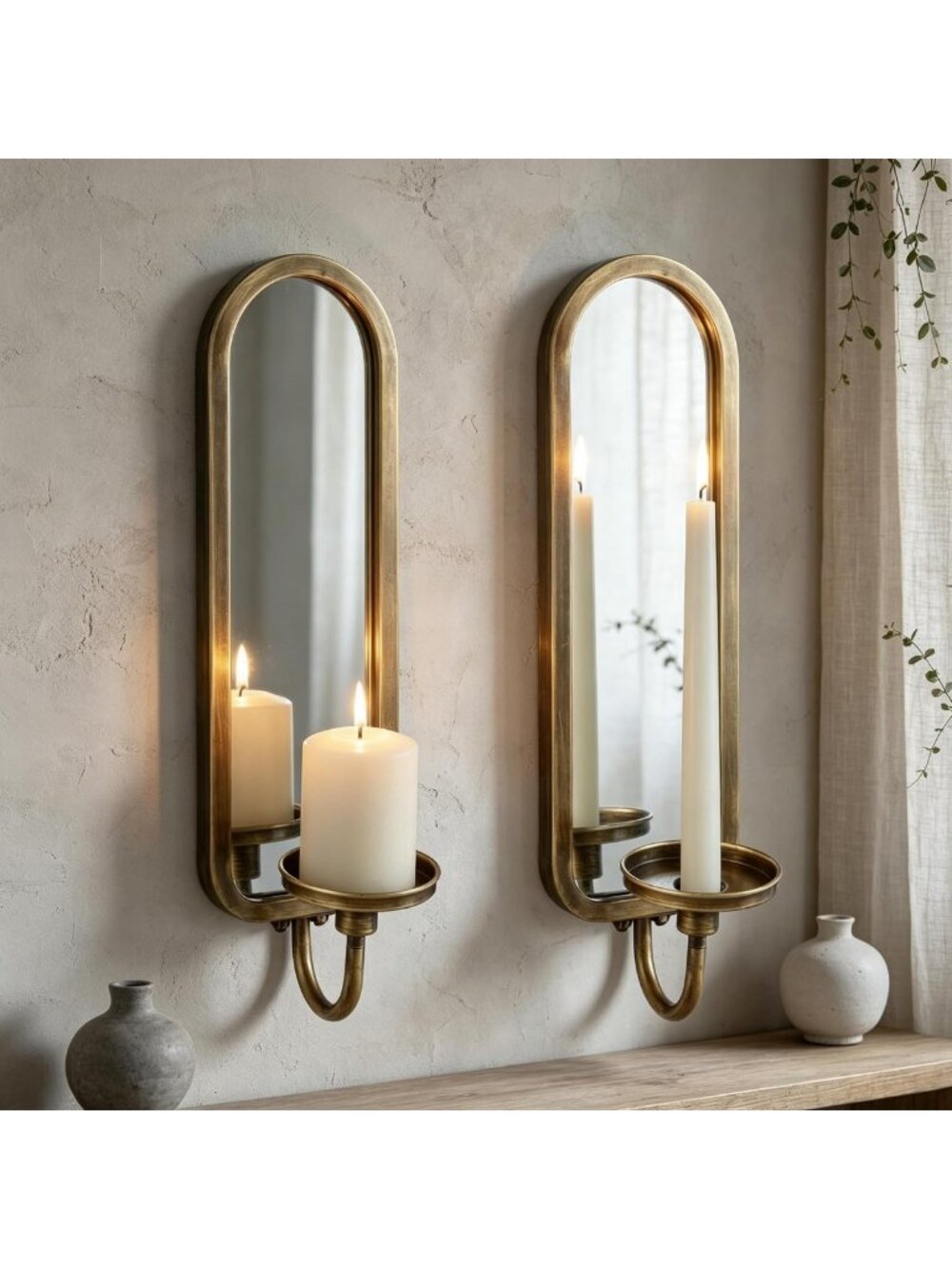 Arched Metal Wall Candle Sconces with Mirror - Elegant Home Decor Accent Set